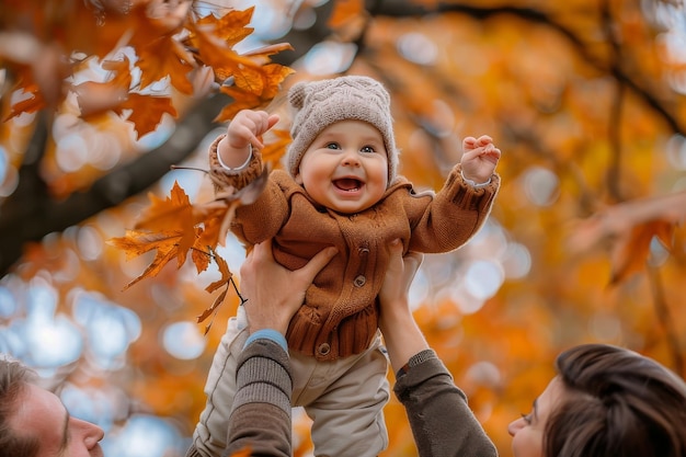 Parents lifting their child up in the air