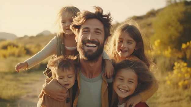 Parents outdoors piggybacking two young children and smiling