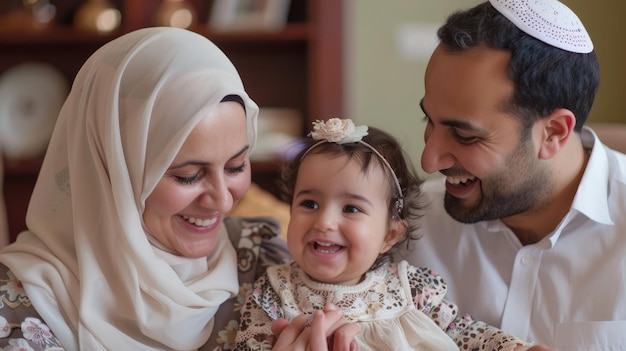 Родители играют со своей дочерью дома на Ближнем Востоке