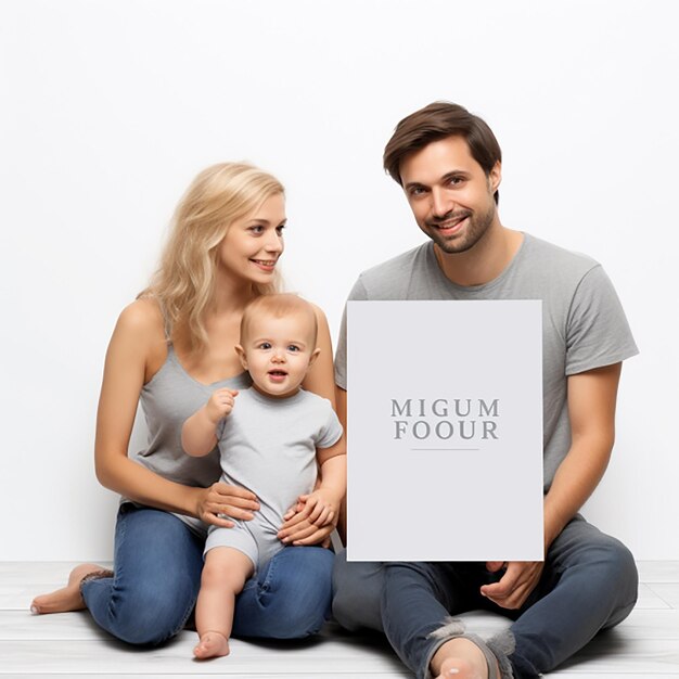 Photo parents and son holding a white board