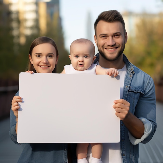 Photo parents and son holding a white board