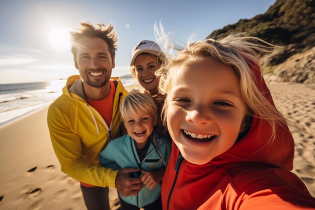 Foto genitori che fanno foto sulla spiaggia con i figli durante le vacanze estive