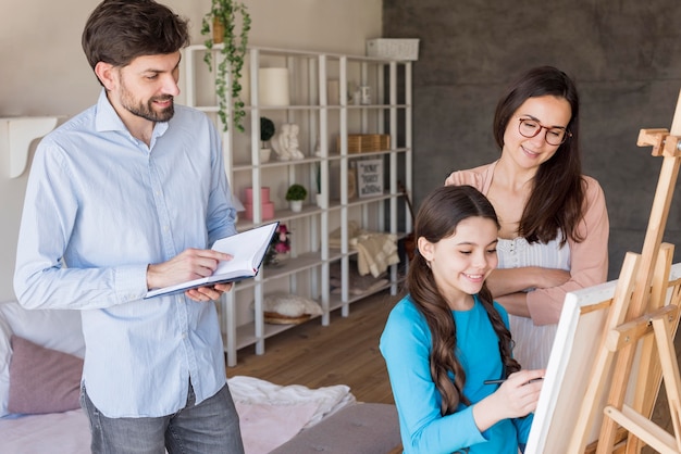 Parents teaching girl to paint