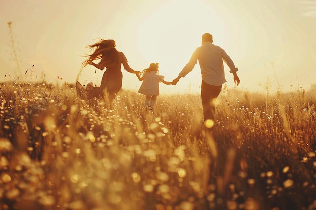 Photo parents with kids running on the field