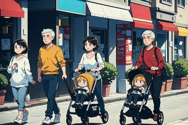 Фото Родители с коляской идут по улице