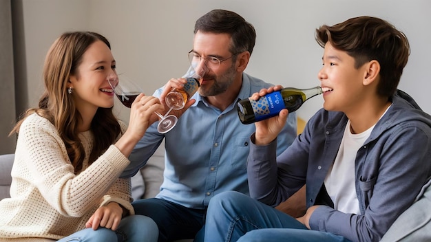 少年がボトルから飲む親と