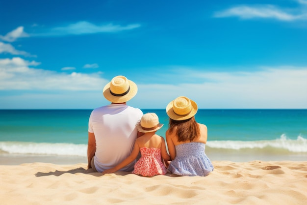 Parents with their child sitting in the sand on the seashore in sunny day