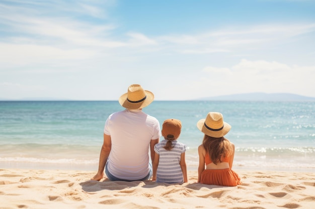 Parents with their child sitting in the sand on the seashore in sunny day