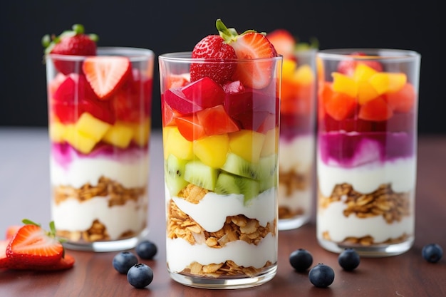 Parfait glasses with layered fruit salad and yogurt