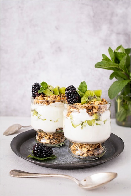 Parfait met kiwi bramen granola en yoghurt Gezond en lekker dessert