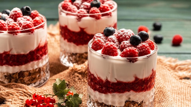 Parfait with granola berries and whipped cream fresh raspberry dessert catering banner menu recipe place for text