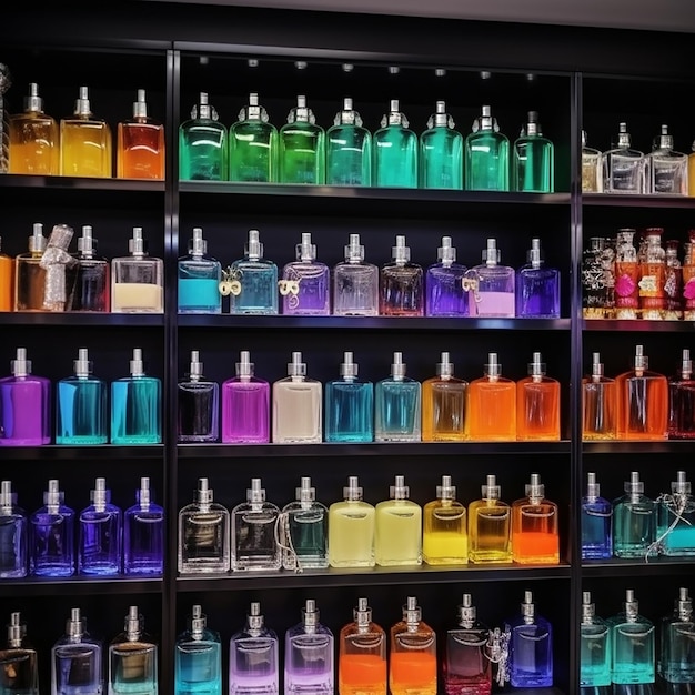 Parfum etalage Veel kleurrijke parfumflesjes in de schappen