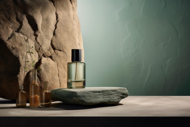 Parfum glazen fles met vloeistof binnen details met stenen aan de zijkant generatieve AI