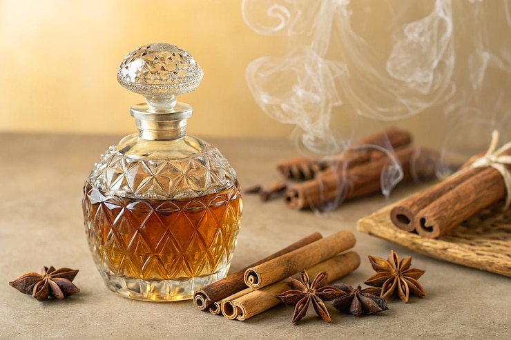 Foto parfum in arabische stijl met kaneelstokjes en rook
