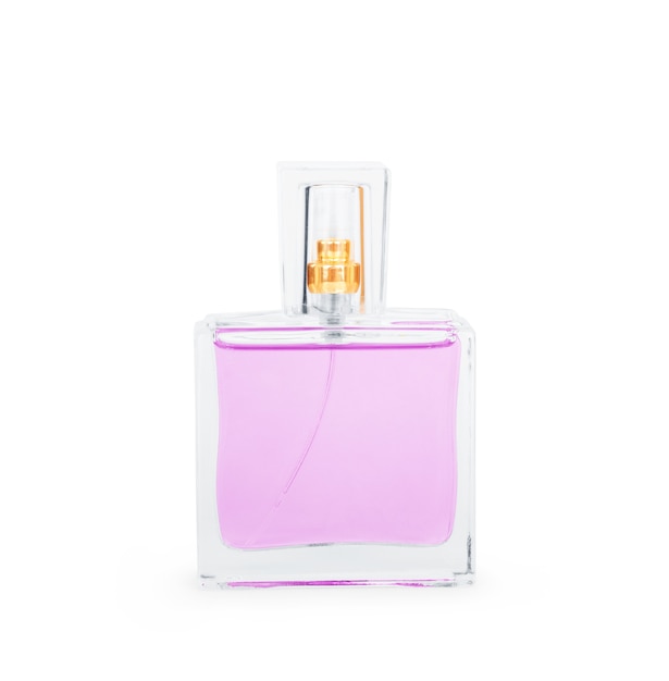 Foto parfum in mooie fles met roze strik geïsoleerd op wit