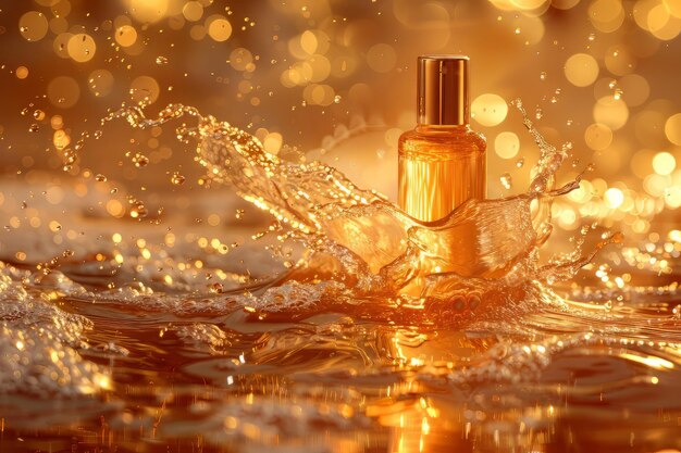 Parfum in water over zonneschijn goud luxe achtergrond