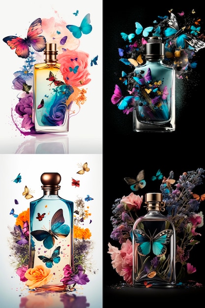 Parfum met bloemig aroma burst vlinders Generatieve AI