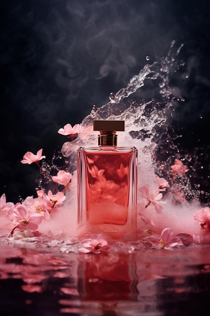 parfume bottle with flowers and copy space