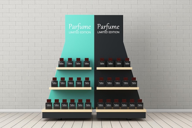 Parfume Bottles on a Wooden Store Product Display Showcase Rack Shelves in front of brick wall background 3d Rendering