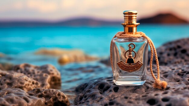 Parfumerie luxe geur in maritieme stijl Concept gemaakt met parfumfles op een zand tegen de zee Generatieve AI