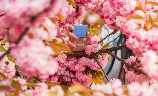 Parfumerie merk. aroma verbindingen. luxe geur. modieuze vrouw houdt parfumflesje vast. aroma van kersenbloesem. vrouwelijk parfum. lente parfum. fancy stijl. geef een aangename geur. langdurig effect.