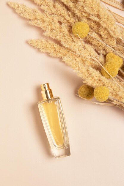 Parfumfles en pampasgras Concept dure parfum en cosmetica Bloemengeur voor vrouwen Parfumspray Moderne luxe dame parfum de toilette