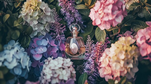 Parfumfles in bloemen geur op bloeiende achtergrond bloemige geur en cosmetisch product