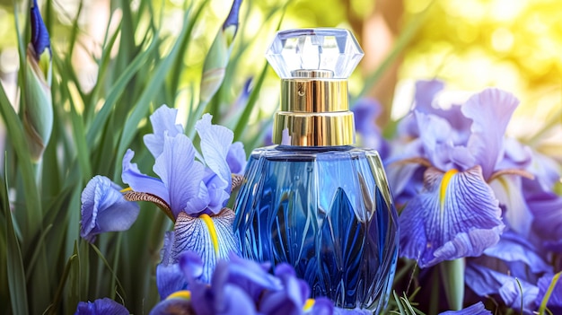 Parfumfles in bloemen geur op bloeiende achtergrond bloemige geur en cosmetisch product