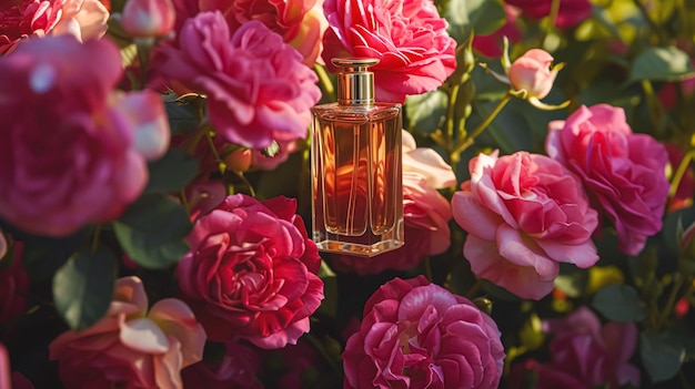 Parfumfles in bloemen geur op bloeiende achtergrond bloemige geur en cosmetisch product