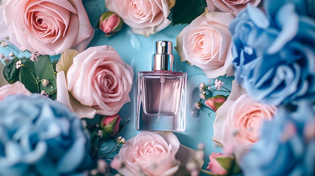 Parfumfles in bloemen geur op bloeiende achtergrond bloemige geur en cosmetisch product