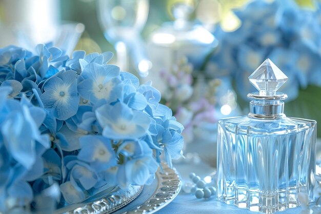 Parfumfles met blauwe hortensia bloemen