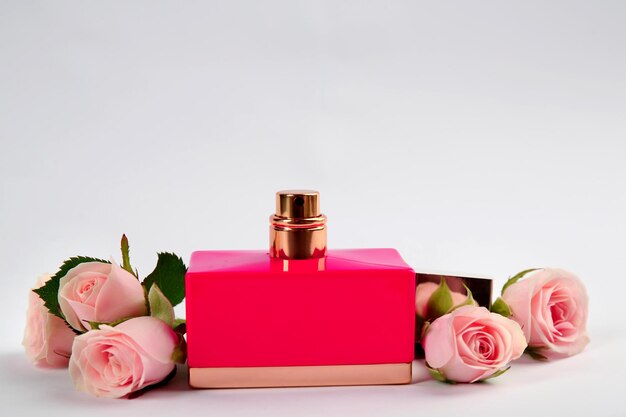 Parfumfles met bloemen op een lichte achtergrond