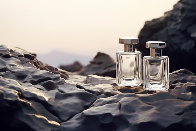 Parfumfles of whiskyfles in elegante stijl op de achtergrond van rotsen