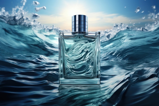 Parfumfles ondergedompeld in water met blauwe en celeste kleuren AI gegenereerd