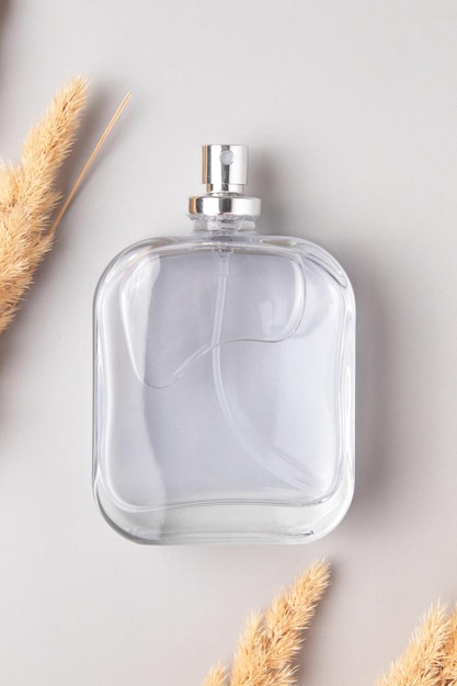 Parfumflesje en pampagras Concept van dure parfum en cosmetica Bloemige geur voor dames en heren Parfumspray