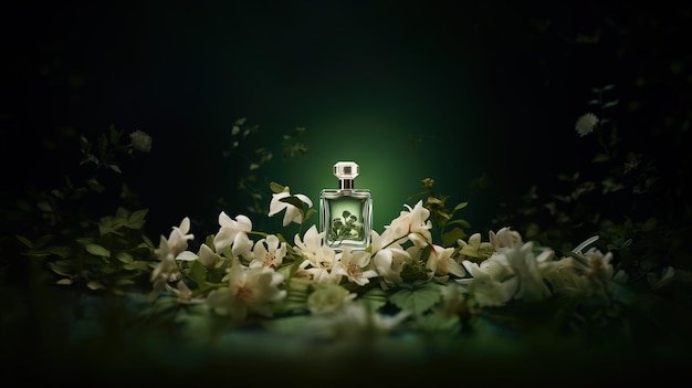 parfumflesje met bloemen en kopieerruimte