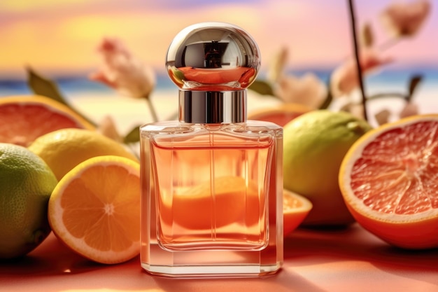 Parfumflesje op citrus achtergrond AI gegenereerd