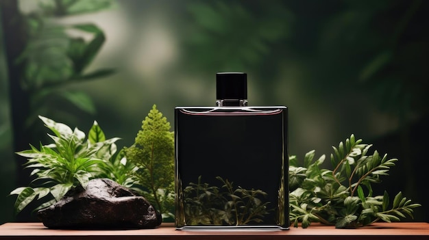 Parfumflesje op houten tafel met plantenachtergrond voor mockup-ontwerp