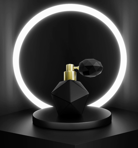 Parfumflesje op zwarte cilinder voor productweergave Neon glazen ring achtergrond 3D render