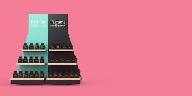 Parfumflesjes op een houten winkel Product Display Showcase Rack Planken op een roze achtergrond 3D-rendering