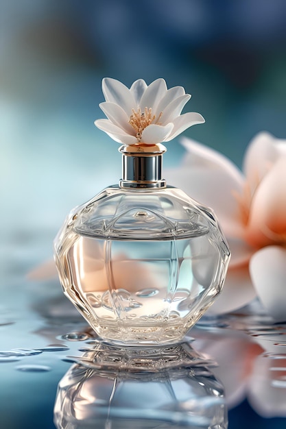 Parfumflesmodel op blauwe achtergrond met bloemen Generatieve AI 3