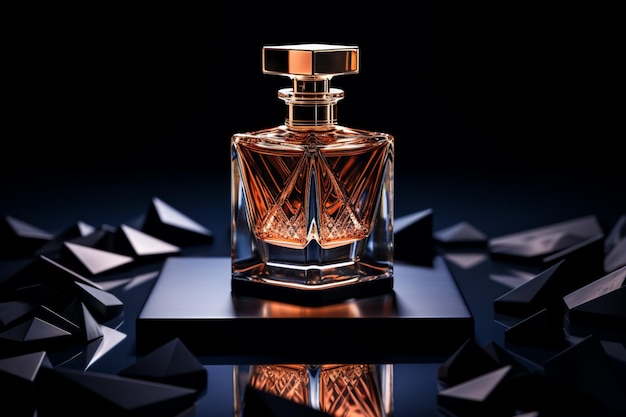 parfumflesmodel voor parfumproduct op de donkere en luxe tafelachtergrond