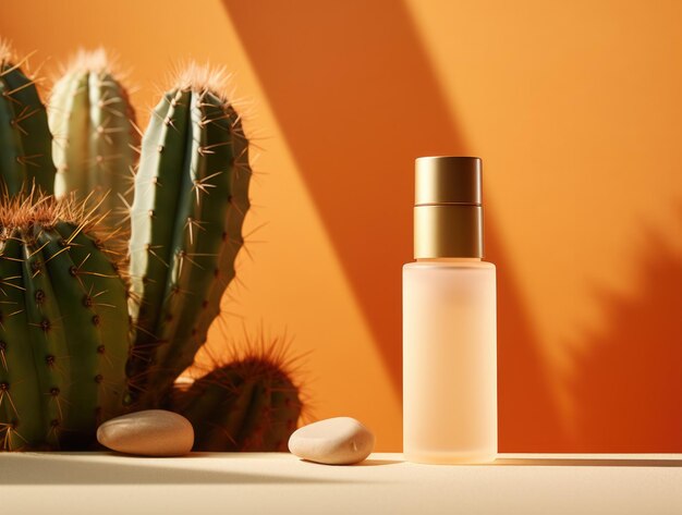 Parfummodel op oranje muur met cactussen Mexicaanse stijl Foto van hoge kwaliteit