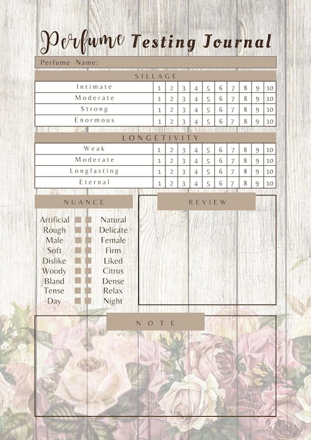 Foto parfumtestplanner digitale planning inlegblad afdrukbare paginasjabloon