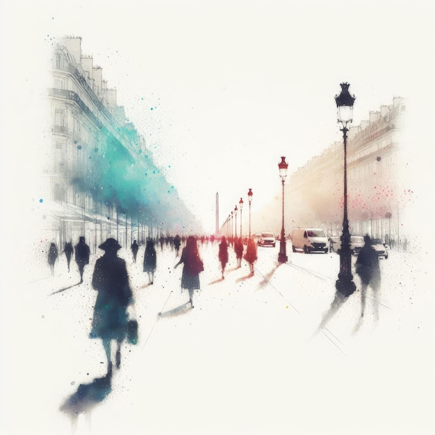 Parijs Avenue des Champs Elysees straatbeeld in splash ink schilderen met Generative AI