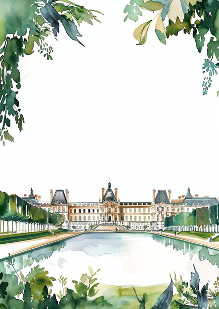 Foto parijs frankrijk paleis van versailles landschap aquarel bruiloftsuitnodiging sjabloon