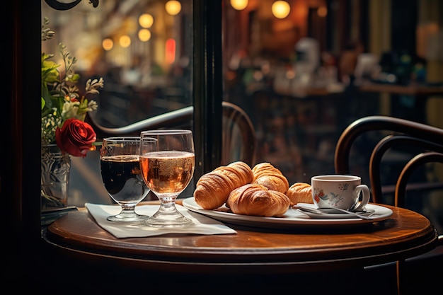 Foto parijse caféscène met croissants en espresso