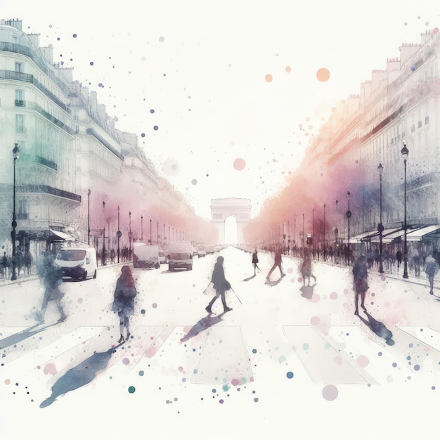 Paris Avenue des Champs Elysees street view in splash ink painting with Generative AI