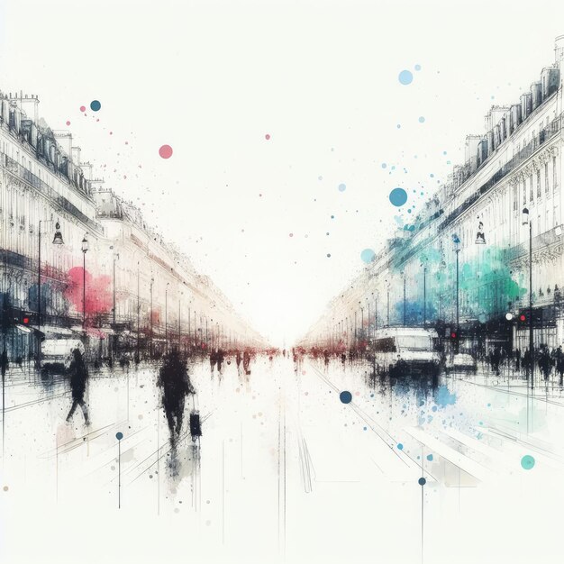 Paris Avenue des Champs Elysees street view in splash ink painting with Generative AI