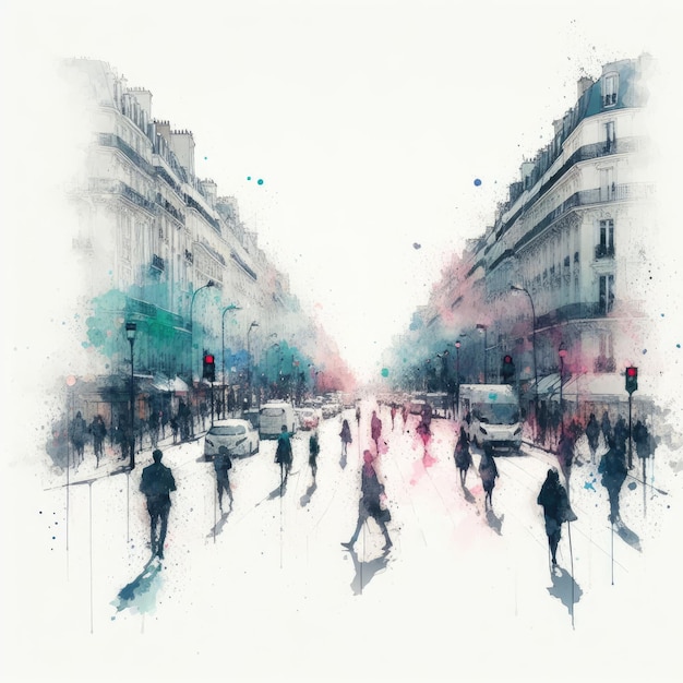 Paris Avenue des Champs Elysees street view in splash ink painting with Generative AI